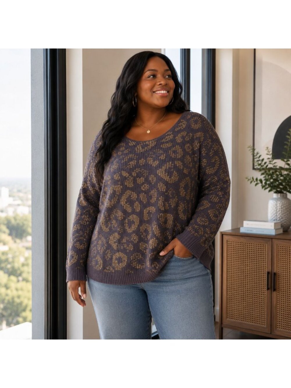 Torrid Leopard Print Tunic Sweater 4 Dark Grey Gold Foil Rib Pullover Mob Wife
